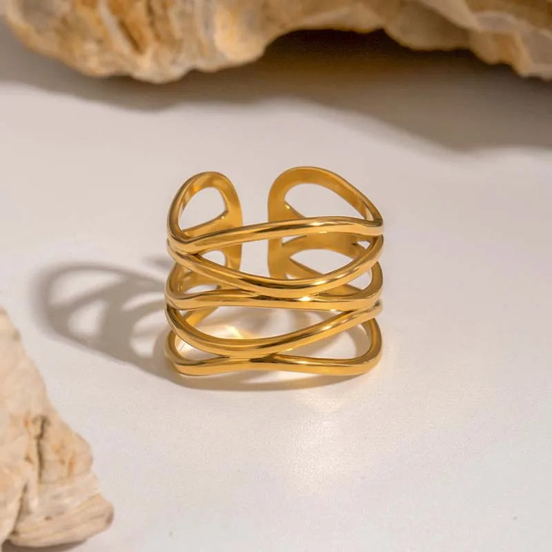 Stainless Steel Metal Irregular Line Open Rings For Women Minimalist Gold Color Geometric Curved Adjustable Ring Jewelry Gift