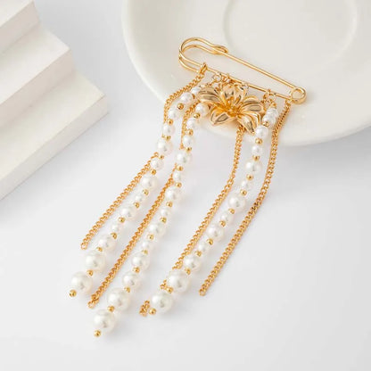 Fashion Metal Flower Pearl Tassel Chain Brooch For Women Exaggerated Multilayer Pants Chain Charm Brooches Jewelry Accessories