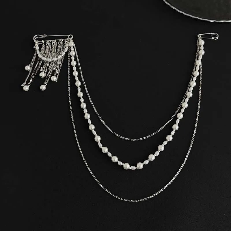 2026 New Fashion Imitation Pearl Tassel Brooch for Women Punk Hip Hop Metal Long Chain Double Pins Brooches Suit Jewelry