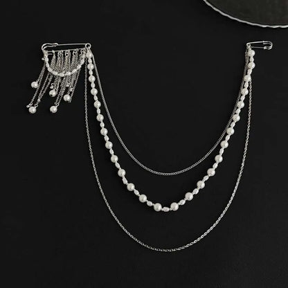 2026 New Fashion Imitation Pearl Tassel Brooch for Women Punk Hip Hop Metal Long Chain Double Pins Brooches Suit Jewelry