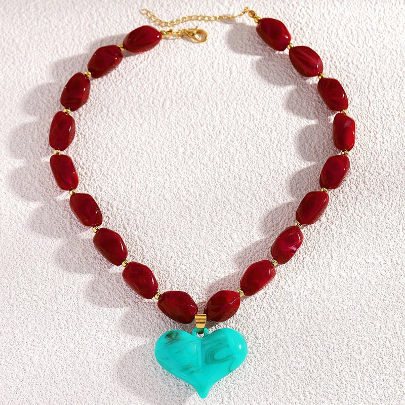 Exaggerated Colorful Resin Large Heart-Shaped Pendant Necklace for Women Vacation Style Irregular Beads Choker Necklaces Jewelry