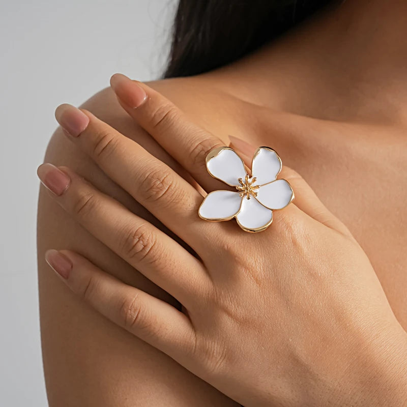 Fashion Colorful Drip Oil Flower Finger Rings for Women Sweet Metal Five Petal Floral Adjustable Ring Vacation Charms Jewelry