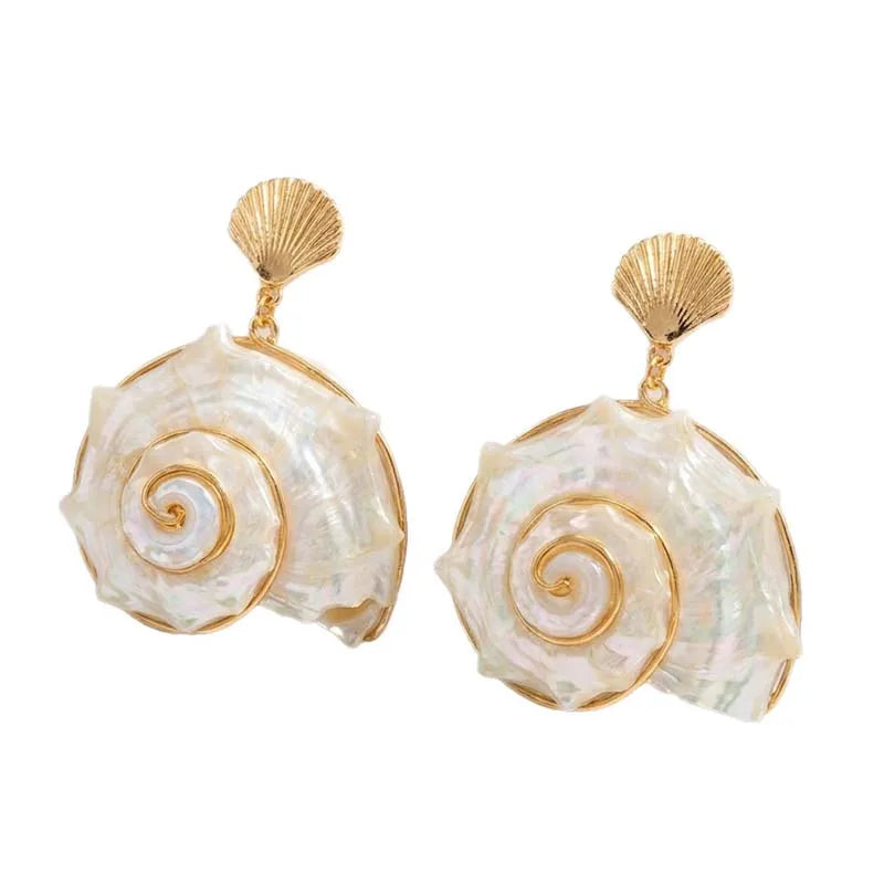 Bohemian White Shell Conch Pendant Earrings For Women Exaggerated Metal Spiral Seashell Dangle Earrings Beach Jewelry Gifts