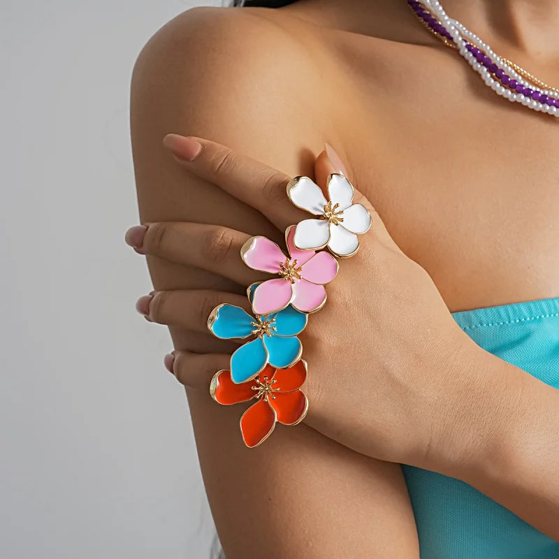 Fashion Colorful Drip Oil Flower Finger Rings for Women Sweet Metal Five Petal Floral Adjustable Ring Vacation Charms Jewelry