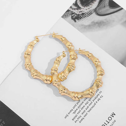 Exaggerated Large Bamboo Joint Hoop Earrings For Women Fashion Gold Color Circle Round Geometric Earrings Jewelry Party Gifts