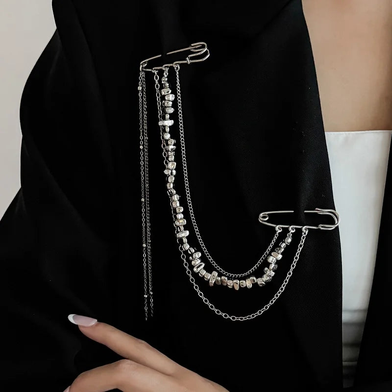 2026 New Fashion Imitation Pearl Tassel Brooch for Women Punk Hip Hop Metal Long Chain Double Pins Brooches Suit Jewelry