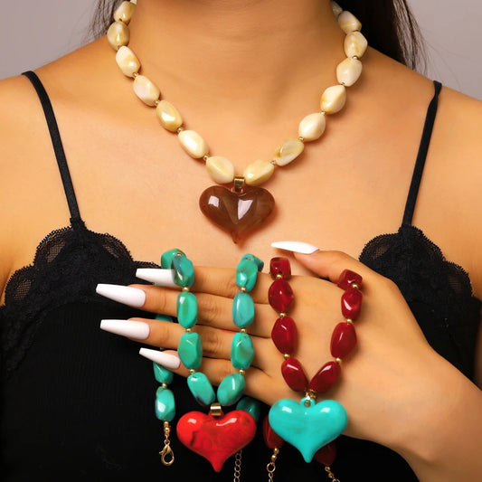 Exaggerated Colorful Resin Large Heart-Shaped Pendant Necklace for Women Vacation Style Irregular Beads Choker Necklaces Jewelry