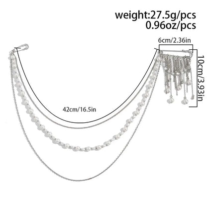 2026 New Fashion Imitation Pearl Tassel Brooch for Women Punk Hip Hop Metal Long Chain Double Pins Brooches Suit Jewelry