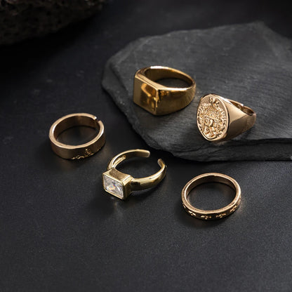 5Pcs/set Hip-Hop Punk Metal Zircon Ring Set for Men Retro Metal Art Carved Zircon Inlaid Rings Casual Trendy Jewelry Wear Gifts