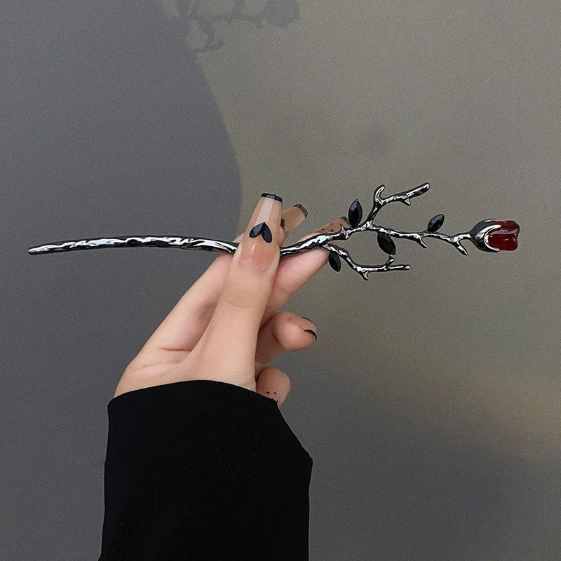 2026 New Chinese Hairpin Hair Stick Rose Flower Crystal Branch Metal Texture Vintage Hair Accessories for Women Headwear Jewelry