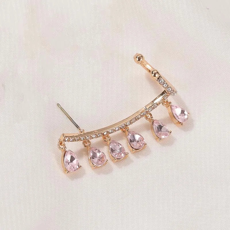 Fashion Teardrop Tassels Curved Stud Earrings For Women Elegant Pink Shiny Zircon Earrings Wedding Jewelry Accessories