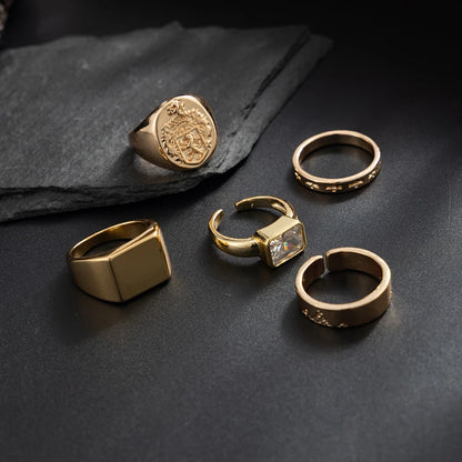 5Pcs/set Hip-Hop Punk Metal Zircon Ring Set for Men Retro Metal Art Carved Zircon Inlaid Rings Casual Trendy Jewelry Wear Gifts