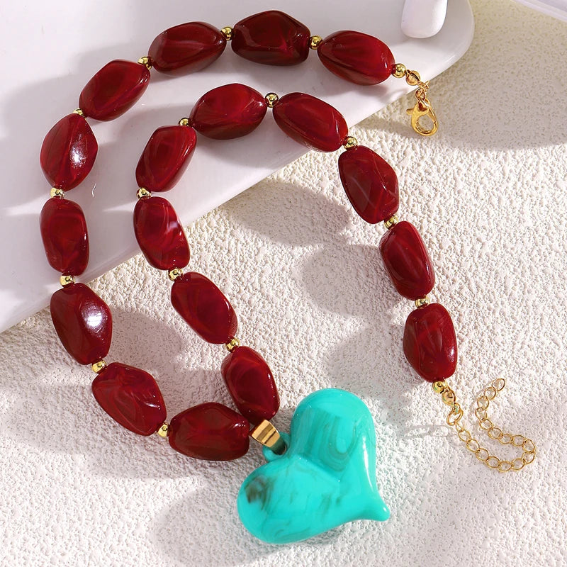 Exaggerated Colorful Resin Large Heart-Shaped Pendant Necklace for Women Vacation Style Irregular Beads Choker Necklaces Jewelry