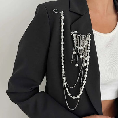 2026 New Fashion Imitation Pearl Tassel Brooch for Women Punk Hip Hop Metal Long Chain Double Pins Brooches Suit Jewelry