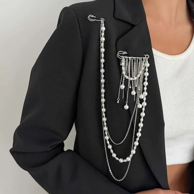 2026 New Fashion Imitation Pearl Tassel Brooch for Women Punk Hip Hop Metal Long Chain Double Pins Brooches Suit Jewelry