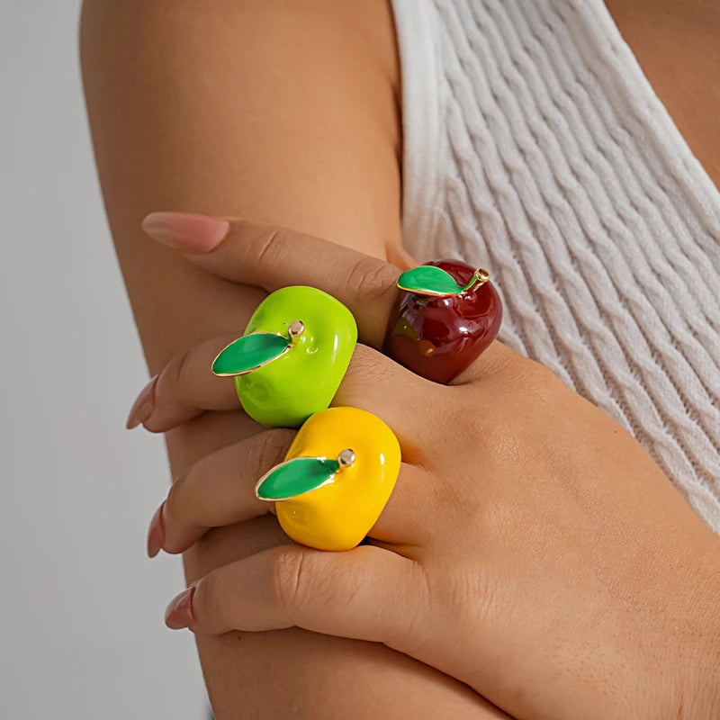 Creative Colorful Drip Oil Apple Ring for Women Personality Fashion Cartoon Fruit rings Design Sense Finger Ring Jewelry