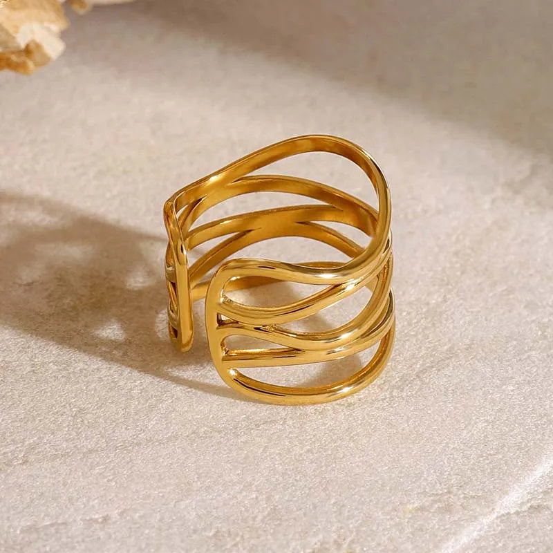 Stainless Steel Metal Irregular Line Open Rings For Women Minimalist Gold Color Geometric Curved Adjustable Ring Jewelry Gift