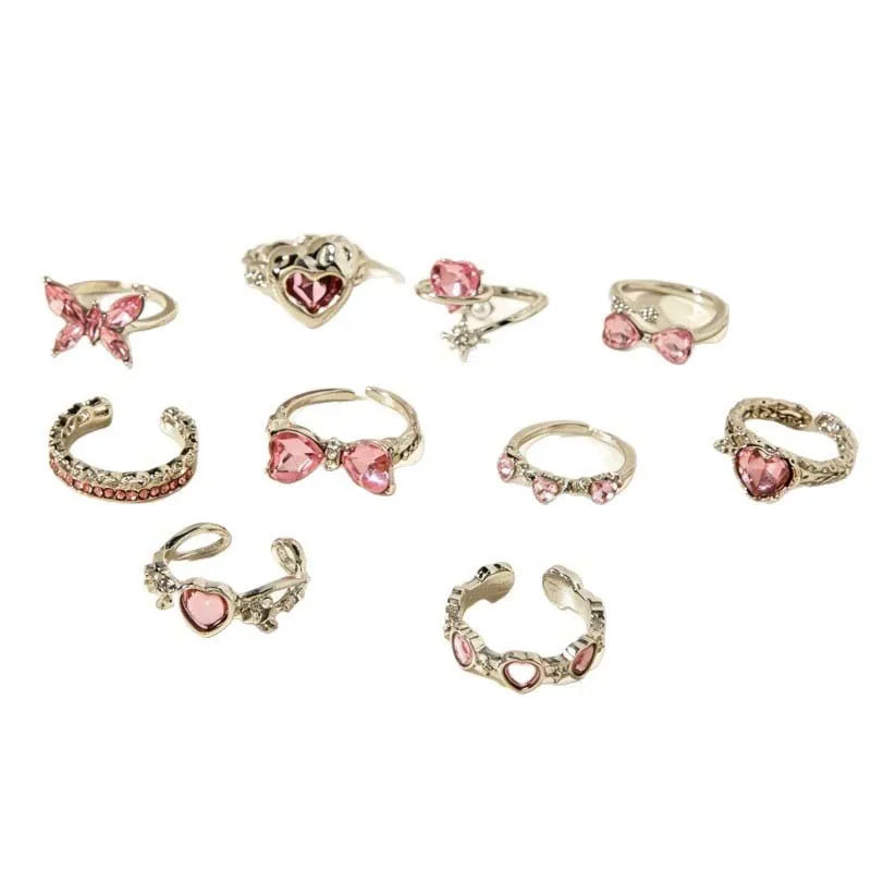 10Pcs/Set Y2K Pink Zircon Heart Bowknot Open Rings Set for Women Fashion Metal Irregular Adjustion Finger Ring Wedding Jewelry
