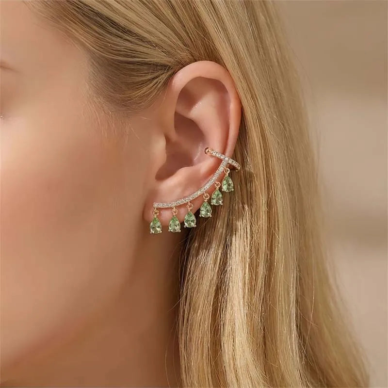 Fashion Teardrop Tassels Curved Stud Earrings For Women Elegant Pink Shiny Zircon Earrings Wedding Jewelry Accessories