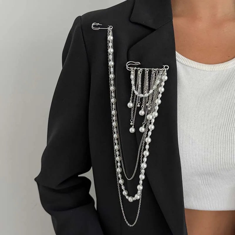 2026 New Fashion Imitation Pearl Tassel Brooch for Women Punk Hip Hop Metal Long Chain Double Pins Brooches Suit Jewelry