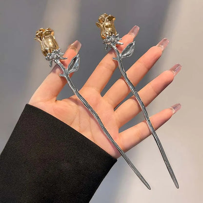 Punk Metal Rose Flower Hair Sticks Hairpins for Women Girls Vintage Chinese Style Flower Hair Clips Pins Hair Accessories