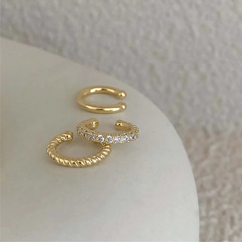 3Pcs/Set Fashion Gold Color Crystal Clip Earrings for Women Girls Minimalist Metal C-shaped Fake Piercing Ear Cuff  Ear Jewelry
