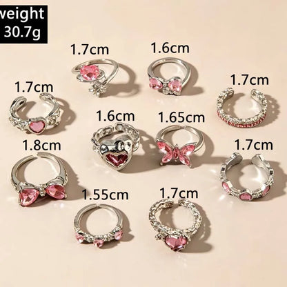 10Pcs/Set Y2K Pink Zircon Heart Bowknot Open Rings Set for Women Fashion Metal Irregular Adjustion Finger Ring Wedding Jewelry
