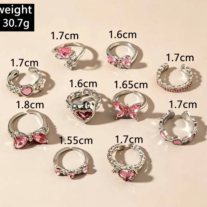 10Pcs/Set Y2K Pink Zircon Heart Bowknot Open Rings Set for Women Fashion Metal Irregular Adjustion Finger Ring Wedding Jewelry