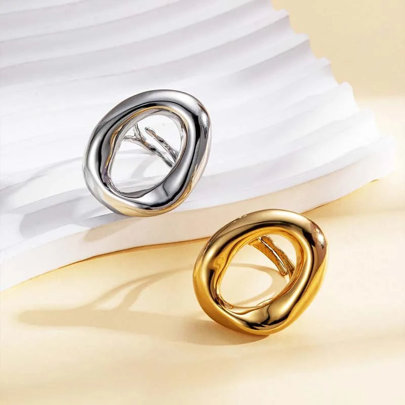 Stainless Steel Metal Hollow Irregular Open Rings For Women Exaggerated Gold Color  Geometric Chunky Ring Jewelry Gifts