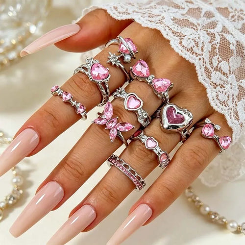 10Pcs/Set Y2K Pink Zircon Heart Bowknot Open Rings Set for Women Fashion Metal Irregular Adjustion Finger Ring Wedding Jewelry