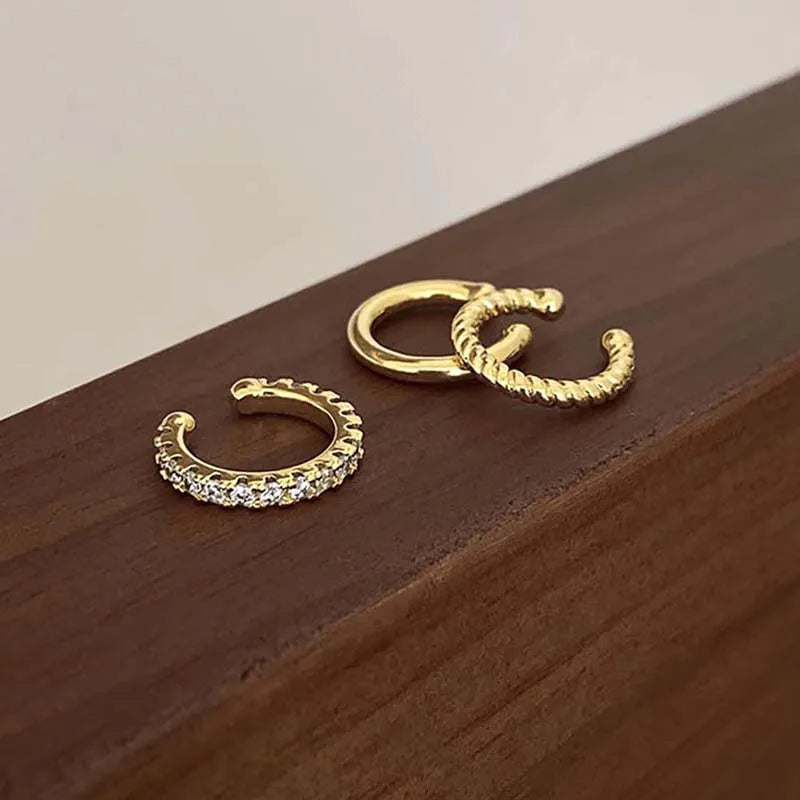 3Pcs/Set Fashion Gold Color Crystal Clip Earrings for Women Girls Minimalist Metal C-shaped Fake Piercing Ear Cuff  Ear Jewelry