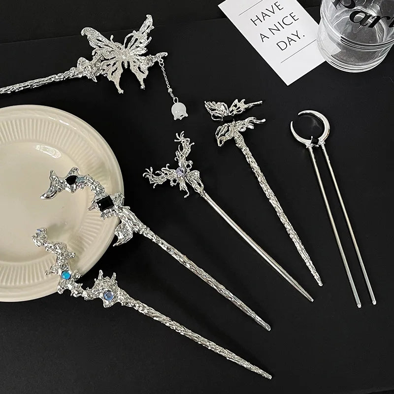 Punk Metal Liquid Butterfly Hair Sticks Hairpins for Women Vintage Chinese Style Rose Flower Hair Clips Pins Hair Accessories