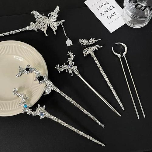 Punk Metal Liquid Butterfly Hair Sticks Hairpins for Women Vintage Chinese Style Rose Flower Hair Clips Pins Hair Accessories