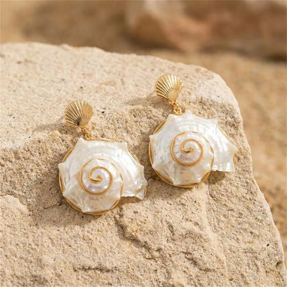 Bohemian White Shell Conch Pendant Earrings For Women Exaggerated Metal Spiral Seashell Dangle Earrings Beach Jewelry Gifts