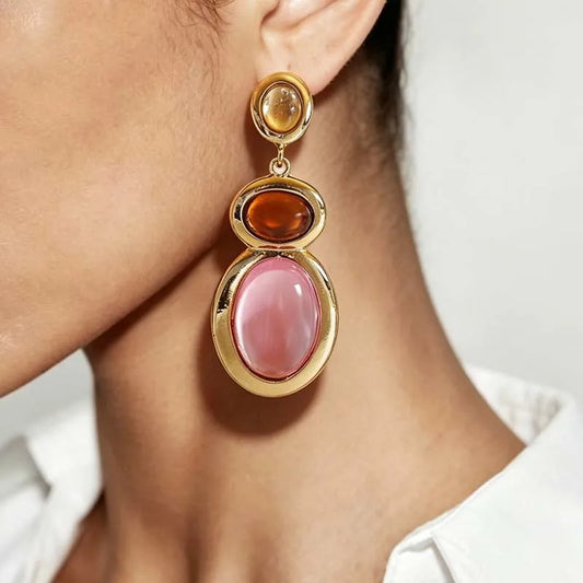 Vintage Long Oval Resin Pendant Earrings For Women Bohemian Gold Color Geometric Earrings Daily Party Jewelry Accessories