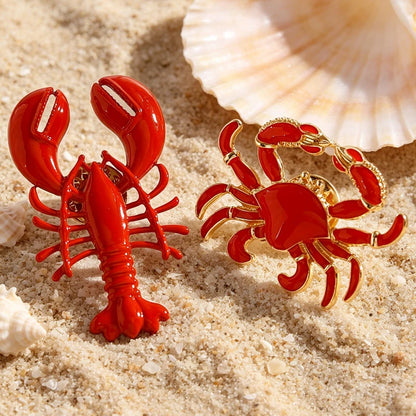 2026 New Summer Beach Red Lobster Brooch for Women Personality Metal Crab Animal Corsage Clothes Pin Party Accessories Gift